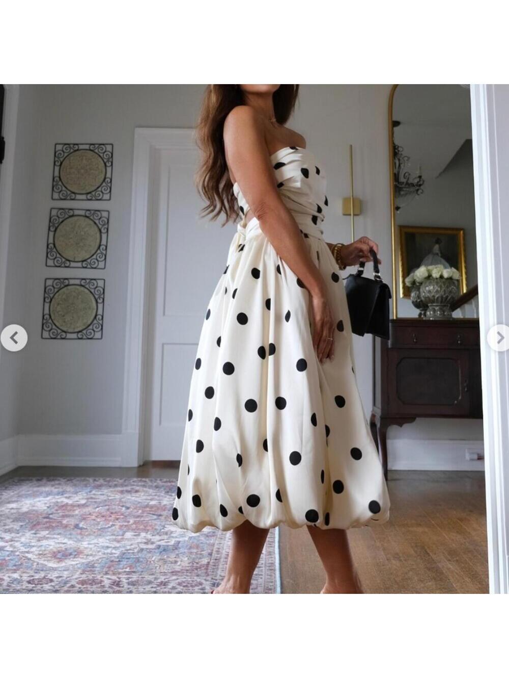 Retro Polka Dot Bubble Midi Dress Convertible Straps in Cream Black Size S